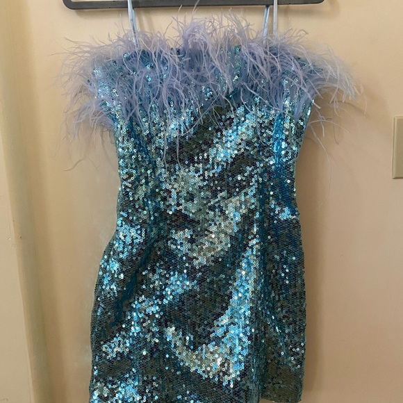 AUDREY ADELE BHLDN ANTHROPOLOGY BLUE SEQUIN DRESS WITH FEATHER TRIM MINI DRESS - Picture 3 of 12